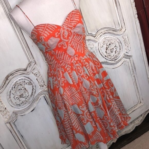 Milly of New York Orange and Beige Spaghetti Strap Waisted Fit and Flair Dress - Picture 2 of 13